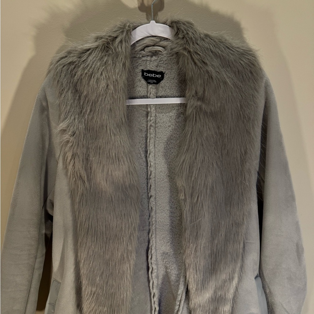 Bebe Gray Teddy Jacket with Faux Fur Collar
